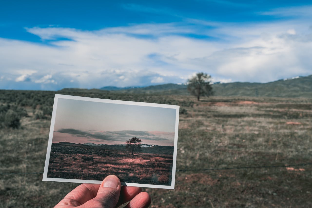 vision A hand holds a landscape photograph against a scenic countryside backdrop, showcasing artistic contrast.