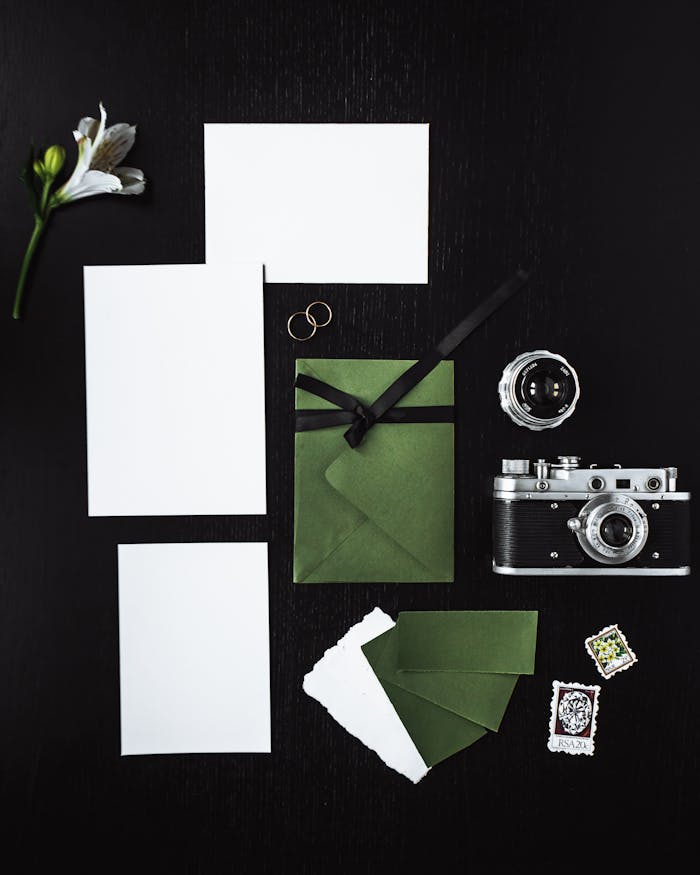 trusted-partner Stylish flat lay with vintage camera, green stationery, and flower on black surface.